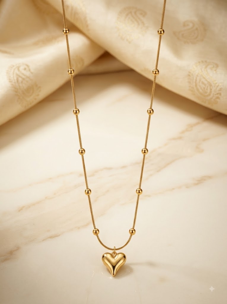 Dainty Gold Heart Pendant Necklace for Women – Beaded Chain