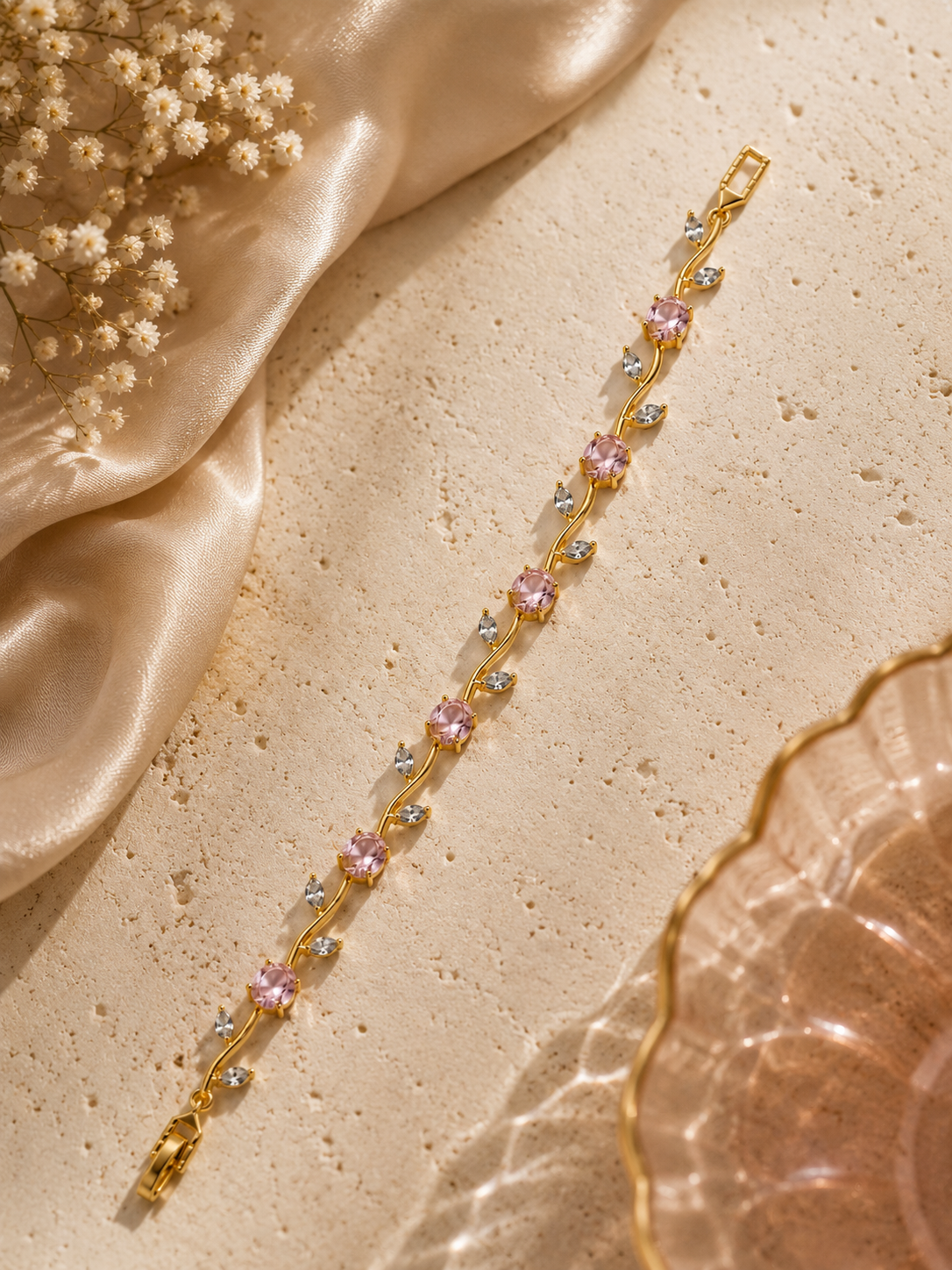 Tulip Bracelet | Gold Floral Bracelet with Pink Stones | Riora Store