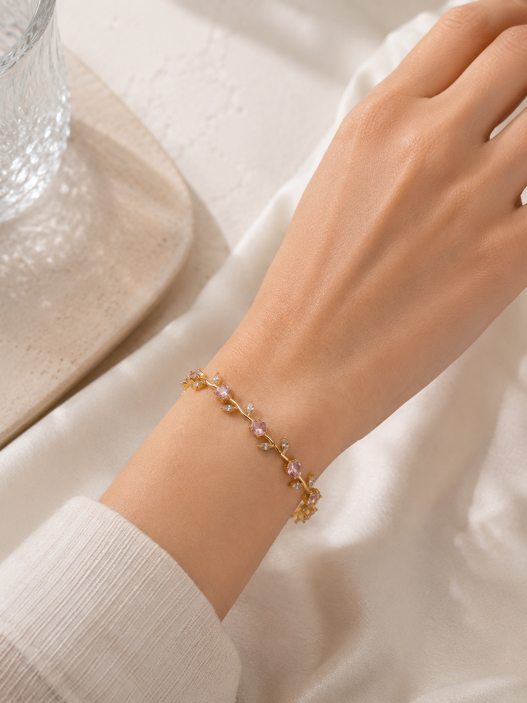 Tulip Bracelet | Gold Floral Bracelet with Pink Stones | Riora Store