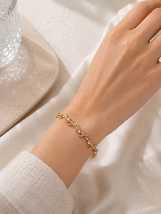 Tulip Bracelet | Gold Floral Bracelet with Pink Stones | Riora Store