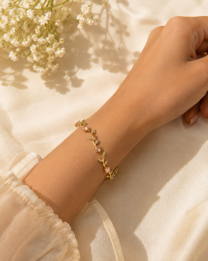 Tulip Bracelet | Gold Floral Bracelet with Pink Stones | Riora Store