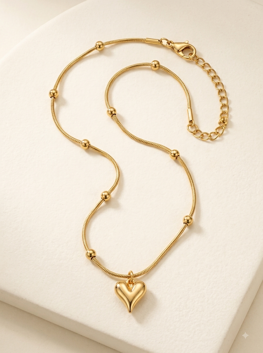 Dainty Gold Heart Pendant Necklace for Women – Beaded Chain