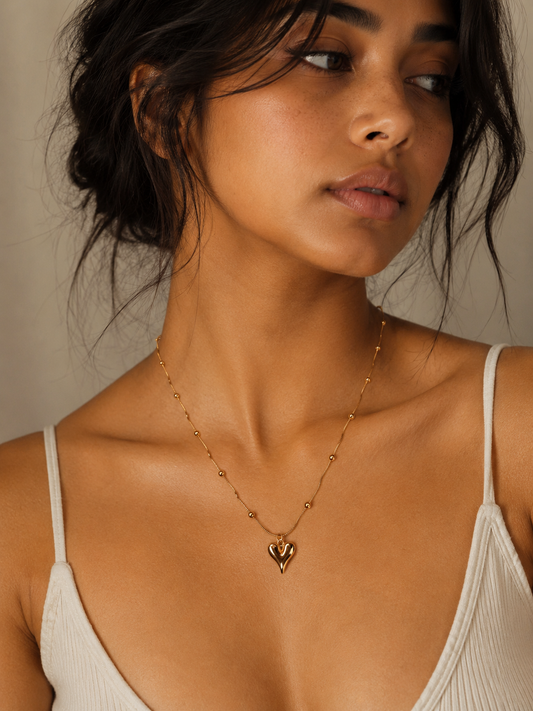 Dainty Gold Heart Pendant Necklace for Women – Beaded Chain